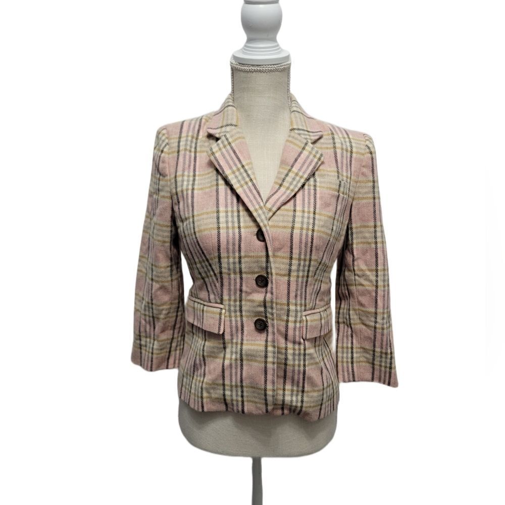Walter Cream Pink Plaid Jacket, Vintage 90s wool/silk Sz 2